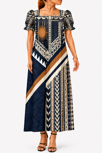 Vestido Maxi Personalizado de Estilo Micronésico con Estampado Tribal Polinesio Tapa, Hombros Descubiertos, Volantes y Mangas Abullonadas, Venta al Por Mayor OEM - Product Image 2