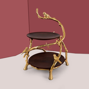2-Tier Wooden Cake <b>Stand</b> With Golden <b>Bird</b> Branch Frame, Elegant Countertop Display Tray For Wedding And Luxury Home decoration - Product Image 1