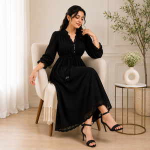 Robe longue en coton noir brodée pour femmes, manches longues, style bohème décontracté, fabrication sur mesure OEM - Product Image 6