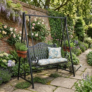 Chaise suspendue de jardin en fer forgé de style victorien pour 2 personnes, robuste, avec coussin non imperméable, en métal, pour extérieur, patio - Product Image 2