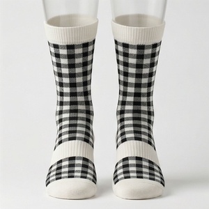 Crew <b>Socks</b> Plaid Pattern <b>Black</b> White Breathable Knitted Regular Style Adult Casual Wear - Product Image 1