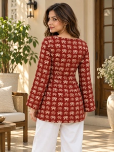 Red Elephant Print <b>Bell</b> Sleeve Tunic Square Neck Cotton Blend Casual <b>Dress</b> Women Empire Waist Flared Hem All Seasons Wear - Product Image 2