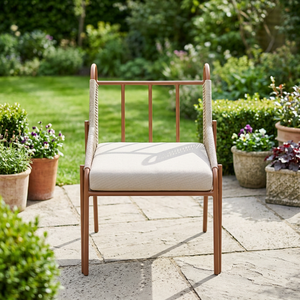 Fauteuil lounge moderne en corde tressée avec coussin rembourré, dossier incurvé, pieds coniques, structure en bois massif, pour l'intérieur et l'extérieur - Product Image 3