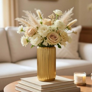 Home Bloom Modern Tabletop <b>Vase</b> Gold Finish Handmade Vertical <b>Ribbed</b> Design Decorative Container - Product Image 5