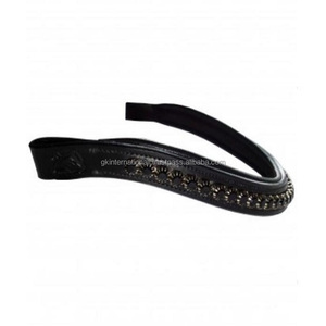 Full Stitched High Quality Black Leather Padded Brow Band with Black Shiny Floral Crystals Metal <b>Chain</b> All Sizes Available - Product Image 3