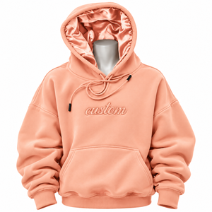 Peach Embroidered Letter Oversized <b>Fleece</b> <b>Hoodie</b> Unisex Satin <b>Lined</b> Pullover Sweatshirt with Kangaroo Pocket Casual Breathable - Product Image 1