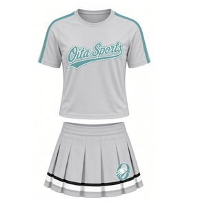 Ensemble uniforme de cheerleading pour adultes, blanc et turquoise imprimé, haut à manches courtes, jupe plissée, tenue de sport athlétique pour l'entraînement et la pratique - Product Image 1