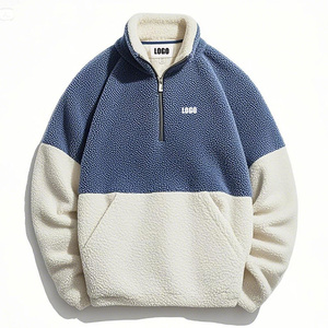 <b>Men's</b> Color Block Fleece <b>Half</b> <b>Zip</b> Sweatshirt Stand Collar Oversized Casual Winter Sherpa Fleece <b>Jacket</b> Blue White - Product Image 1