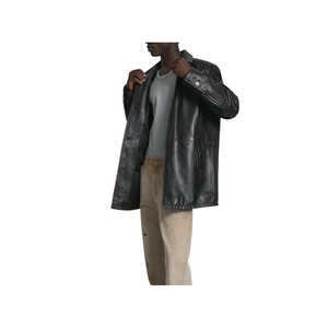 Chaqueta Larga Clásica de Cuero Vacuno Negro para Hombre, Cuello Camisero, Hecha a Mano, Impermeable y Resistente al Viento para Otoño - Product Image 3