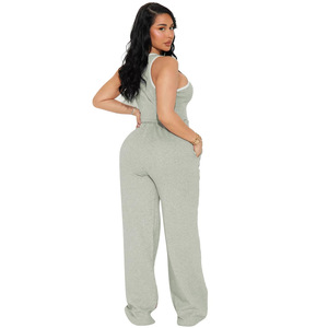 Women Plus Size Tracksuit Sleeveless <b>Crop</b> <b>Top</b> And Wide Leg Sweatpants With <b>Red</b> Stripe Casual Two Piece Set Spring Gray - Product Image 4