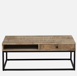 Table basse industrielle moderne en métal et bois massif en bois de manguier, finition naturelle et noire, avec tiroirs de rangement, table de salon - Product Image 3