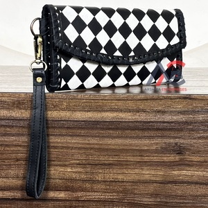 2026 Hot Selling Black & White Checkered <b>Wallet</b> Trendy New Women's Hand Tooled Cow Leather Card Holder Clutch With Hand Wristlet - Product Image 1