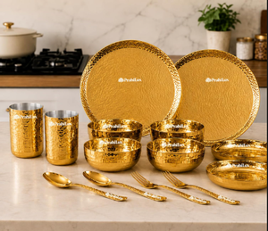 Service de table en acier inoxydable PVD doré, écologique, tricoté, 14 pièces, luxe, design, comprenant couverts, bol Thali, assiette, verre, cuillère, fourchette - Product Image 4