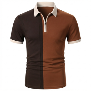Polo pour homme à blocs de couleur, manches courtes, fermeture éclair, décontracté, tricoté, design uni, longueur normale - Product Image 1