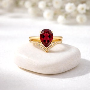 Pear Cut <b>Garnet</b> Engagement <b>Ring</b> V Chevron Band Natural Red Gemstone <b>Ring</b> 925 Sterling <b>Silver</b> 18K Gold Filled Promise Jewelry - Product Image 1
