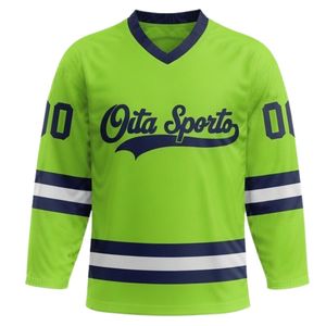 Conjunto de Jersey y Pantalones Cortos de Hockey sobre Hielo Sublimados en Verde Lima y Azul Marino para Hombre, Cuello en V, Rayas, Poliéster, Uniforme Deportivo - Product Image 3