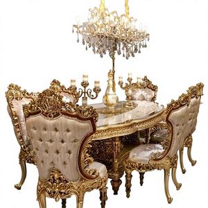 Luxury Royal Antique Teakwood <b>Gold</b> <b>Round</b> 6 Seater Dining <b>Table</b> Set with Hand-Carved Designer Chairs - Product Image 2
