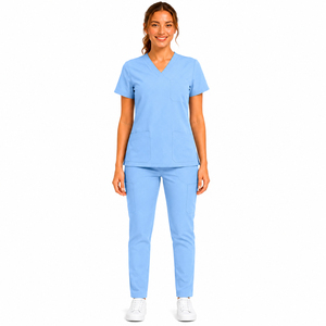 Ensemble de tenue médicale personnalisé pour femme, bleu clair, haut à col en V et pantalon, en coton et polyester tricoté, style jogger extensible, pour hôpital - Product Image 2