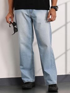 Jean ample pour homme 100 % coton écologique, coupe moderne, jambe large, taille mi-haute, bleu délavé, style vintage décontracté - Product Image 3