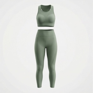 Conjunto de yoga verde salvia de cintura alta para mujer, 2 piezas, sujetador deportivo sin costuras con espalda cruzada y leggings largos - Product Image 1