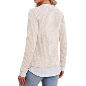 Pull en laine mélangée ivoire pour femme, col rond côtelé, manches longues, bordure contrastée, coupe décontractée, pour tous les jours - Product Image 2