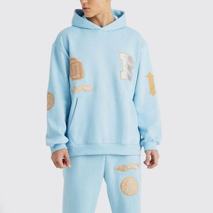 Conjunto Deportivo Azul Claro con Capucha y Parches de Letras Aplicadas, Corte Holgado, 100% Algodón, Unisex, Ropa Casual - Product Image 3