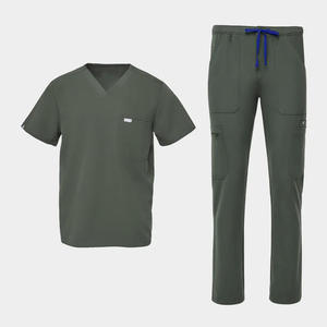 ชุดยูนิฟอร์มแพทย์แบบ unisex สีเขียวมะกอก ผ้าฝ้ายผสมโพลีเอสเตอร์ ทอแบบ V-Neck พร้อมกระเป๋าและกางเกงรูดเชือก - Product Image 1