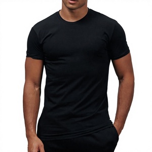 T-shirt pour homme, noir, coupe slim, manches courtes, col rond, couleur unie, jersey décontracté, coton respirant, design tricoté - Product Image 2