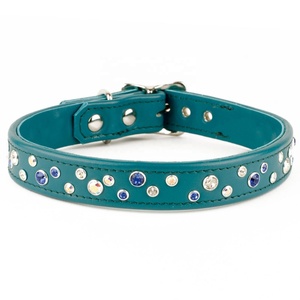 Saman Exports Premium Quality Leather Dog Collar With Blue & White Crystals <b>Studs</b> Work Manufacturer Supplier All Sizes Available - Product Image 2
