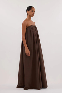 Vestido Largo Informal de Verano para Mujer, Color Marrón Satinado, Sin Tirantes, Cintura Imperio, Corte en A - Product Image 4