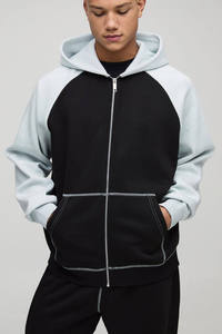 Ensemble survêtement homme noir et bleu clair contrastant avec sweat à capuche zippé et pantalon assorti – Vêtements OEM ODM en gros - Product Image 2