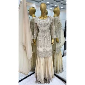 ZSR Designer <b>Beige</b> Party Wear Top with Fancy Dupatta and Gharara XL Size Elegant Stylish - Product Image 4