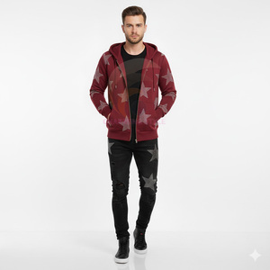 Sudadera con capucha para hombre 100% algodón con cremallera, logo bordado, estampado de diamantes de imitación negros, talla grande - Product Image 1