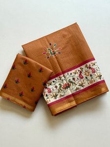 Sari en coton Chanderi imprimé Reglance Premium avec franges faites à la main, bordure Jari Patti - Séchage rapide, sans plis, toutes saisons - Product Image 1