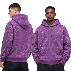 Sweat à capuche zippé pour homme en molleton épais, coupe oversize et carrée, avec strass de luxe thermocollés, style streetwear Y2K, OEM - Product Image 1