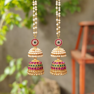 Pendientes Jhumki Tradicionales con Perlas y Piedras Pota Chapados en Oro - Product Image 3