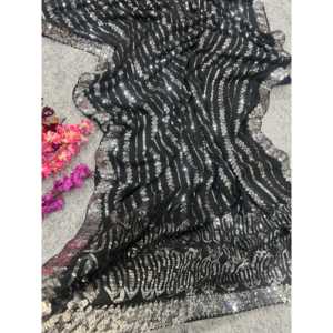 Paillettes Broderie Travail Robe De Cocktail Fête Porter Saree avec Bordure En Dentelle - Product Image 5