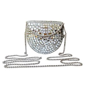 Mini Mirror Bag | Handmade Mirror Clutch - Shoulder Sling for Women & Girls, White Embellishments on Metal | Chain Inner Bag Med - Product Image 1