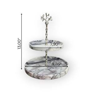 Reliable Round Marble Cake <b>Stand</b> 2 Tier Handmade Stone Serving Tray with Metal <b>Tree</b> Top Handle - Product Image 2