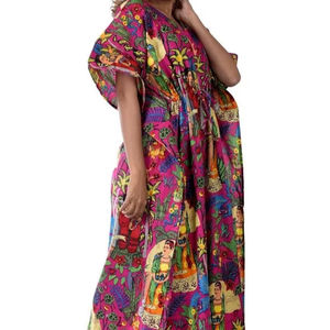 Túnica Kaftan de Algodón Kahlo Hecha a Mano, Vestido Informal para la Playa - Product Image 1