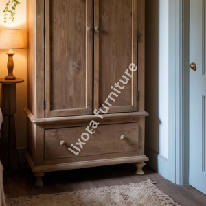 Armoire élégante en bois massif artisanal à 2 portes avec tiroir de rangement, finition rustique en pin naturel - Product Image 4