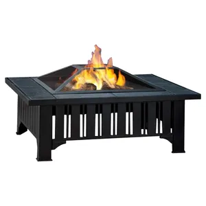 Modern <b>Outdoor</b> <b>Fire</b> Pit <b>Table</b> With Spark Screen Wood Burning Freestanding Iron Patio Heater Black - Product Image 1