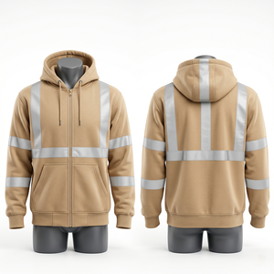 เสื้อฮู้ดดี้ทำงานผู้ชาย 340 GSM ผ้าโพลีเอสเตอร์ผสมฝ้ายฟลีซ สีกากี แถบสะท้อนแสงเพื่อความปลอดภัย ปักโลโก้ตามแบบที่กำหนด - Product Image 3