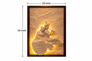 26x18 Inch Radha Krishna 3D Relief Mural | Traditional Handmade Warm LED Backlit Wood Frame Spiritual Wall Art for Home <b>Mandir</b> - Product Image 3