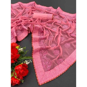 FANTAISIE SOIE DOUCE SAREE SANS COUTURE BLOUSE GEORGETTE ET BRODERIE TRAVAIL ROSE - Product Image 1