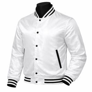 Veste universitaire blanche pour homme avec bordure noire, col rabattu, coupe classique, polyester, vêtement décontracté pour l'automne - Product Image 1