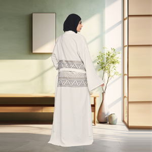 Abaya Holgada de Lino con Frente Abierto, Detalles de Lentejuelas Bordadas, Diseño con Cinturón, Elegante y Modesta, Larga hasta el Suelo, para Eid y Ramadán - Product Image 6