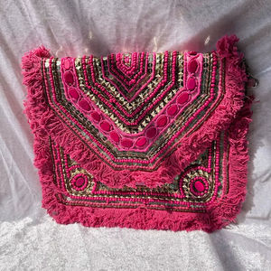 Bolso de Mano Tribal Hecho a Mano con Cuentas Rosas, Bordado de Espejo y Bordes con Flecos, Bolso Textil Bohemio para Festivales - Product Image 1
