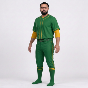 ชุดเบสบอลชาย สีเขียวเหลือง ชุดเสื้อเจอร์ซีย์และกางเกงขายาว แขนสั้น คอวี ระบายอากาศ ป้องกันแบคทีเรีย ซึมซับความชื้น - Product Image 4