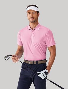 Men's <b>Pink</b> Short Sleeve Pique Polo Shirt Regular Fit Solid Color Button Front Casual Knitted Cotton Top - Product Image 6